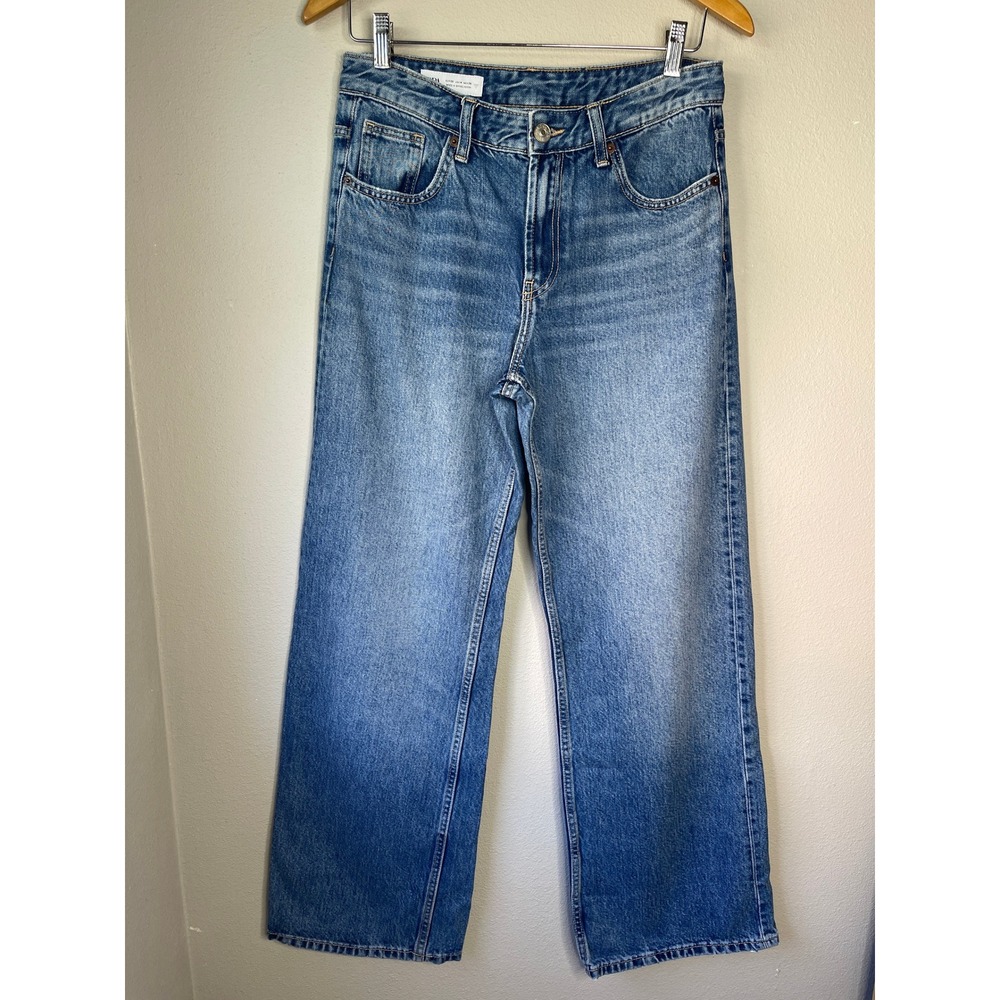 Zara Wide Leg Jeans Blue High Waisted Denim Pants Size 4